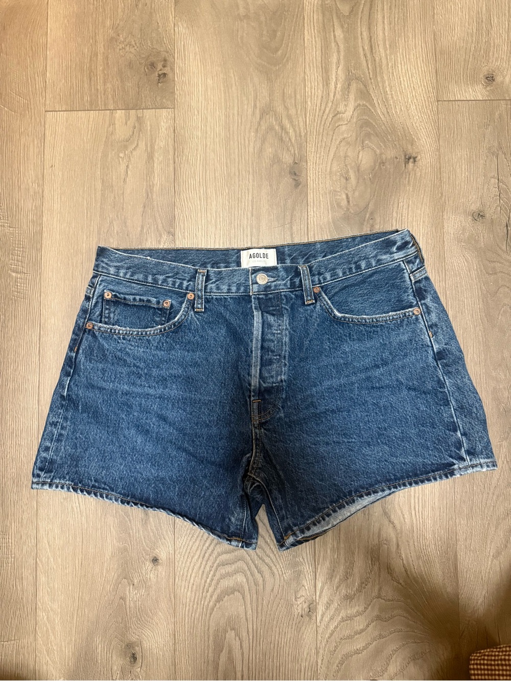 AGOLDE Parker Long High Rise Medium Wash Denim Shorts